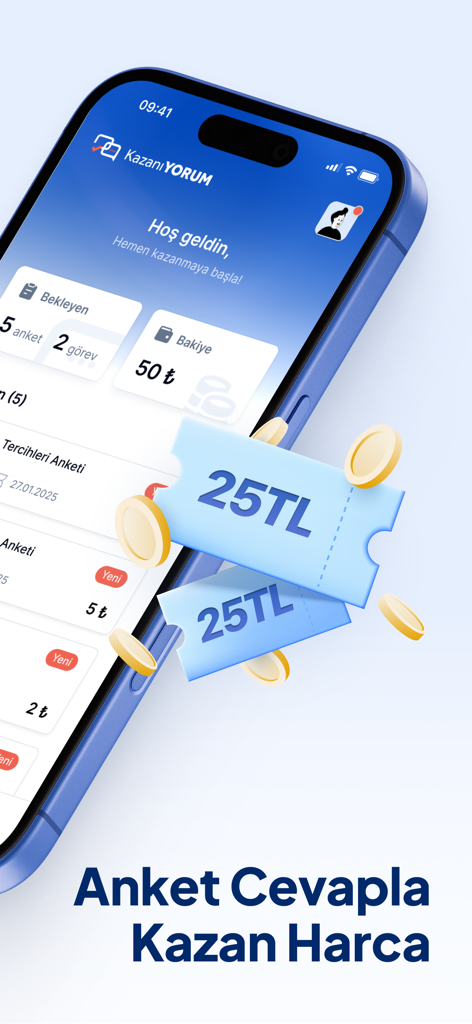 KazanıYORUM - Kazaniyorum app dashboard showing balance, survey tasks, and 25 TL reward coupons