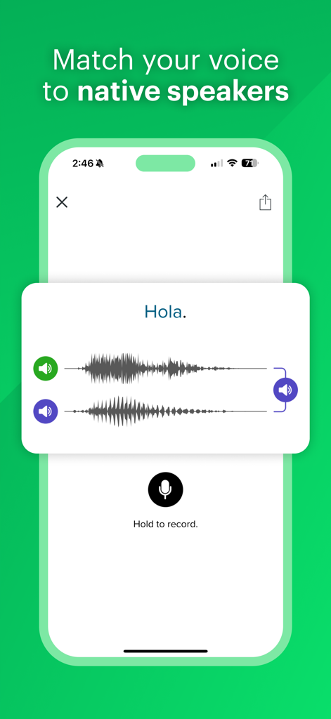 Mango Languages pronunciation tool showing voice waveform comparison for the word Hola.