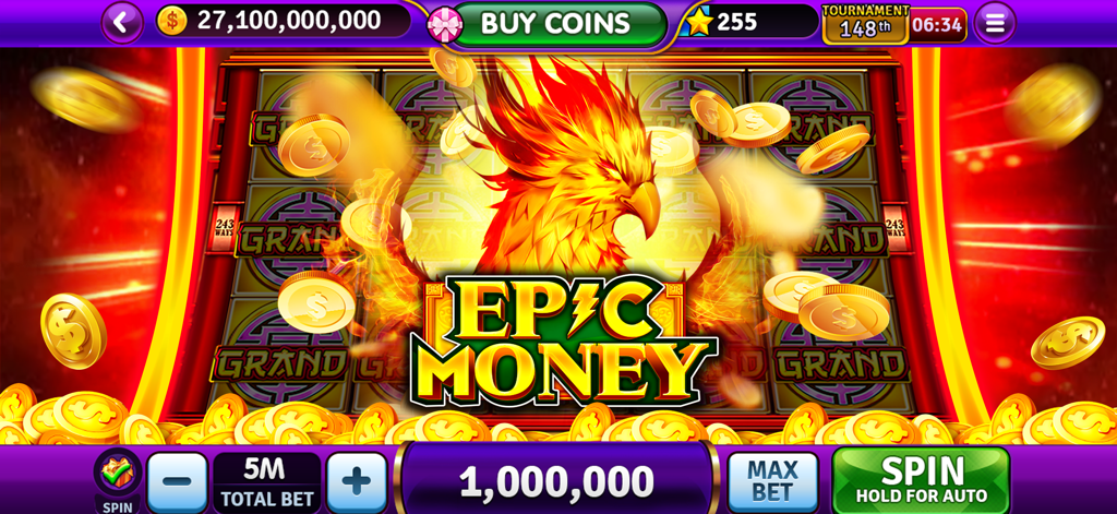 A big win screen in Tycoon Casino showing Epic Money with a golden phoenix and falling coins