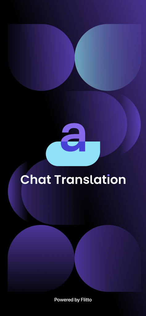 Splash screen of the Flitto Chat Translation app featuring a professional purple abstract background and the app logo