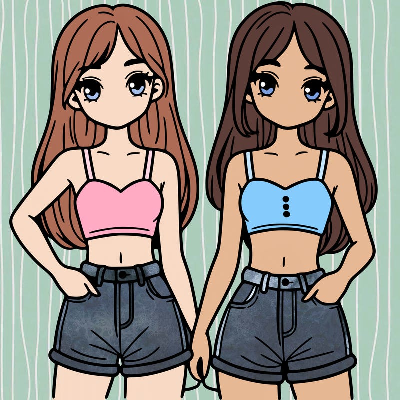 two sisters with crop tops and jean shorts and straight hair