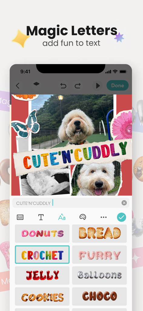 フォトコラージュ用のクリエイティブなテクスチャテキスト効果を備えたマジックレター機能を示すPicPartyアプリのインターフェース