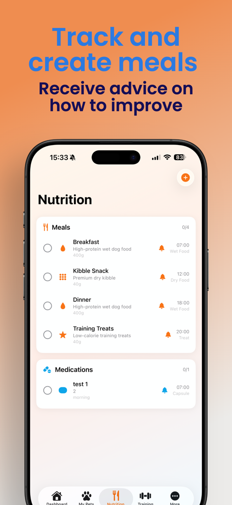Pet Manager: AI Pet Care - The Nutrition section of the Pet Manager app showing a daily meal and medication schedule for a dog.