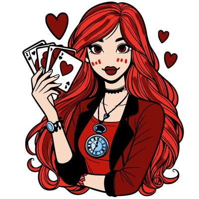 teen girl with deck of heart cards  and long hair with pocket watch