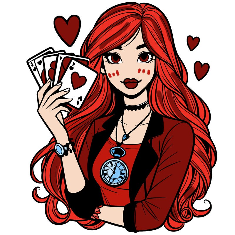 teen girl with deck of heart cards  and long hair with pocket watch