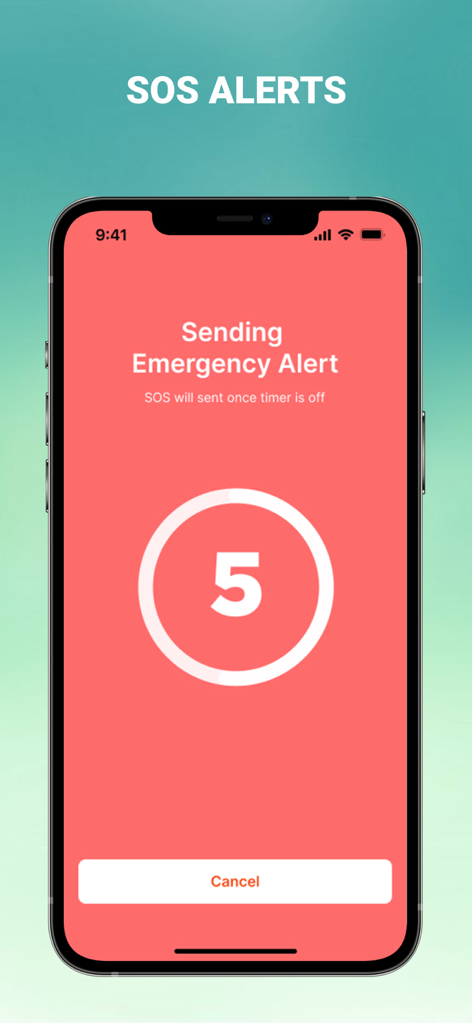 iPhone screen displaying the iLocator app SOS alert feature with a five second countdown timer