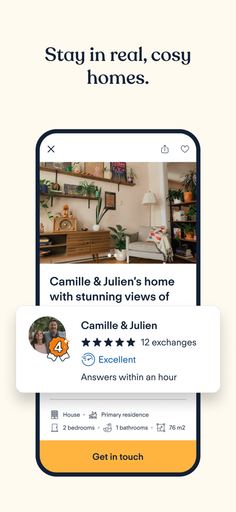 A screenshot of the HomeExchange app featuring a cozy home listing and a verified user profile with high ratings