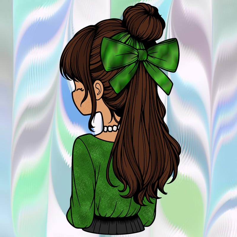realistic girl  with hip length hair a bun and a big bow on the back of head