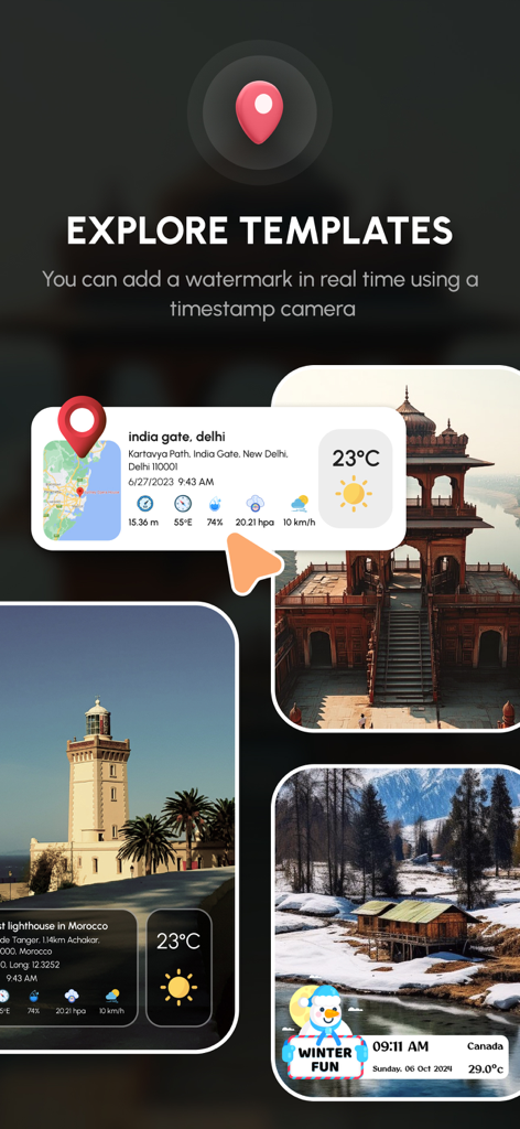 GPS Map Camera Geotag Location - GPSカメラアプリ、位置情報と天気データのオーバーレイが付いた写真テンプレートを表示