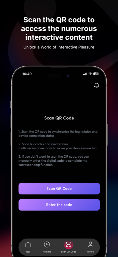 NeoSync Connect - NeoSync Connect app interface for scanning a QR code to sync interactive devices and multimedia content