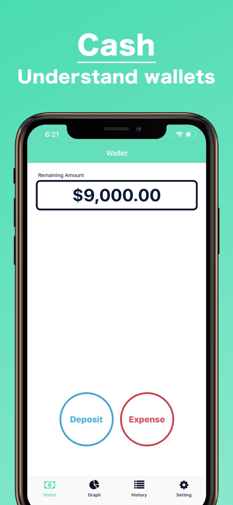 Cash Wallet Management app interface showing remaining balance and buttons for deposit and expense.
