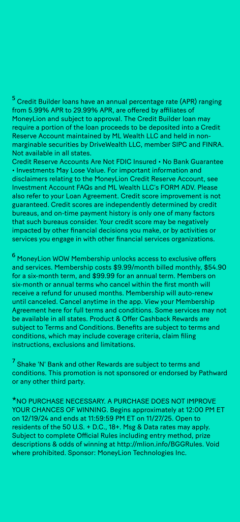 MoneyLion: Banking & Cash Back - Detailed legal disclaimers and terms for MoneyLion credit builder and membership services.