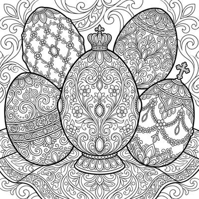 Unleash your creativity with this stunning coloring page featuring magnificent Faberge-style Easter eggs. Each egg is a masterpiece of intricate design, promising hours of relaxing and rewarding artistic fun.