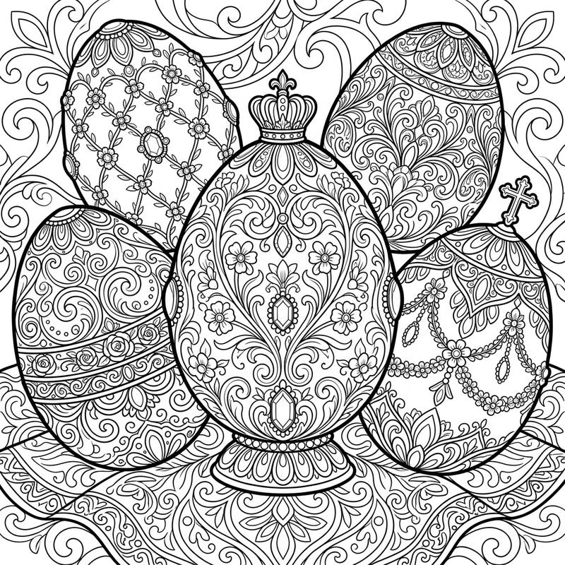 Unleash your creativity with this stunning coloring page featuring magnificent Faberge-style Easter eggs. Each egg is a masterpiece of intricate design, promising hours of relaxing and rewarding artistic fun.