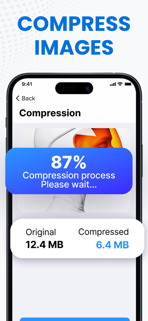 Cleanup Master Storage Cleaner - Interfaz de la aplicación Cleanup Master que muestra la función de compresión de imágenes reduciendo una foto de 12,4 MB a 6,4 MB