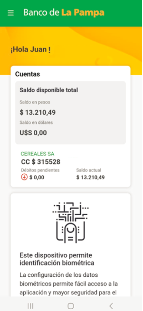 Pampa Digital - Empresas - Dashboard mobile dell'app Pampa Digital Empresas che mostra i saldi dei conti in pesos e dollari insieme alle informazioni sulla sicurezza biometrica