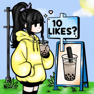 girl with oversized hoodie drinking boba and she has a high ponytail with a sign that says 10likes?