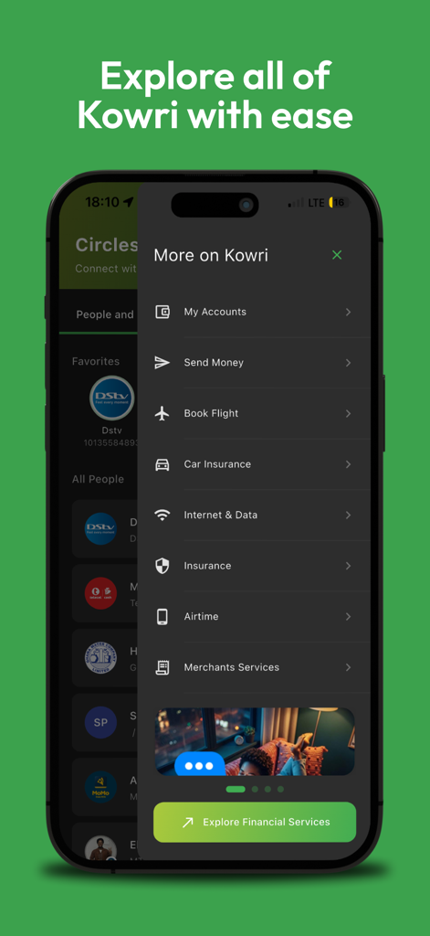 KOWRI - Kowri app menu showing financial services like sending money and paying bills across Africa.