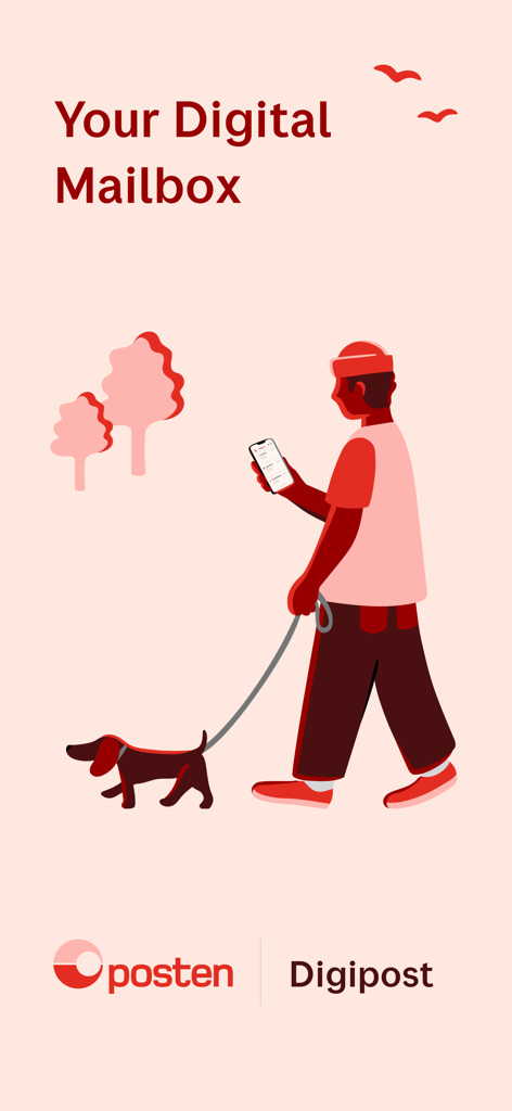 Digipost - Schermata di benvenuto dell'app Digipost con una persona che porta a spasso un cane mentre usa il suo smartphone sotto il testo La tua casella di posta digitale