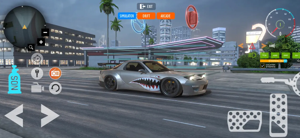 Extreme Car Driving Max Drift - Un coche deportivo personalizado con un adhesivo de tiburón en una calle de la ciudad del juego móvil Extreme Car Driving Max Drift