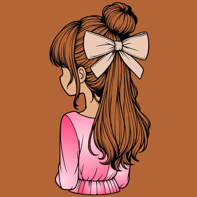 realistic girl  with hip length hair a bun and a big bow on the back of head