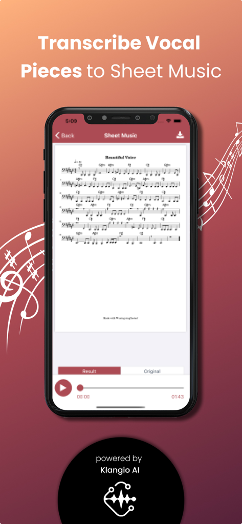 Sing2Notes - Mobile app interface displaying sheet music generated from a vocal recording using AI