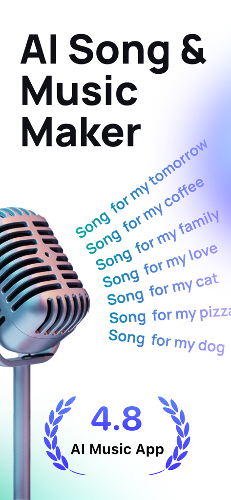 Tela de introdução do aplicativo Donna AI Song and Music Maker com um microfone e prompts de criação de música