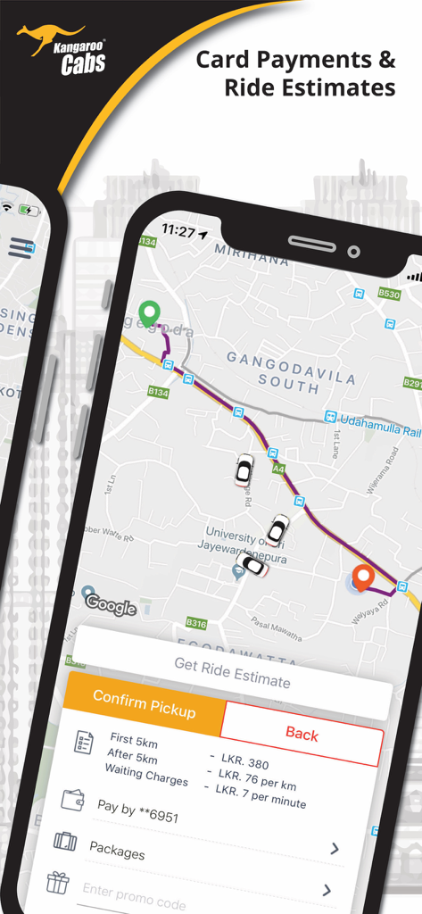 Kangaroo Cabs app interface showing ride estimate and live taxi tracking on a map