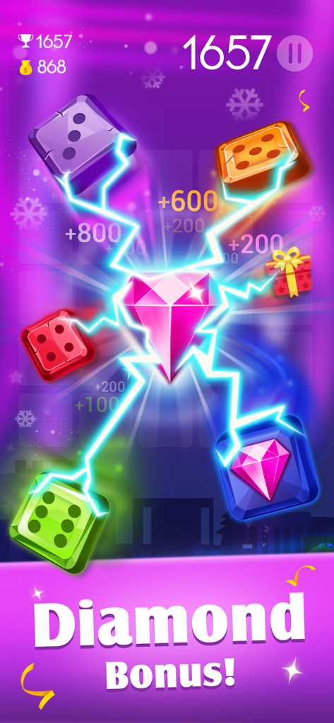 Colorful dice jewels merging into a large pink diamond with lightning effects and a Diamond Bonus message on a purple background.