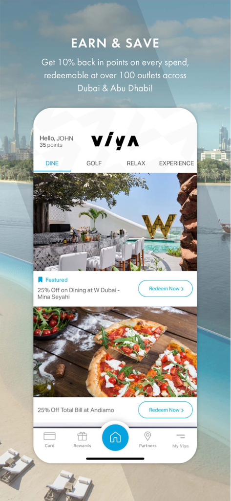 Viya - Viya app screen showing exclusive dining discounts and loyalty points in Dubai