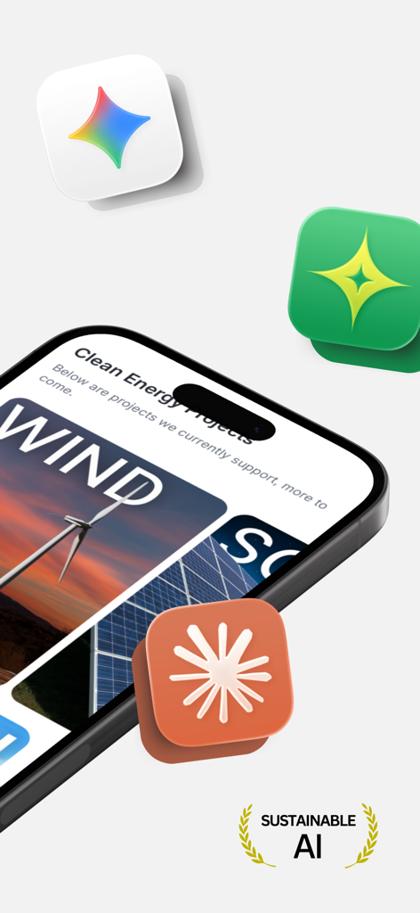 Viro - Eco-Friendly AI - Tela de um smartphone exibindo projetos de energia limpa como eólica e solar apoiados pela IA Viro.