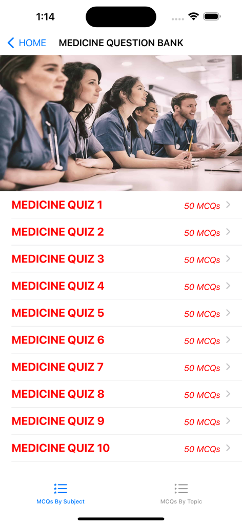 AMC Question Bank - Interface of the AMC Question Bank app displaying a list of ten medicine quizzes each containing 50 multiple choice questions.