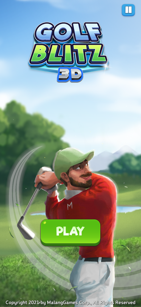 Menú principal del juego móvil Golf Blitz 3D con un golfista haciendo un swing a un palo y un botón de "jugar".