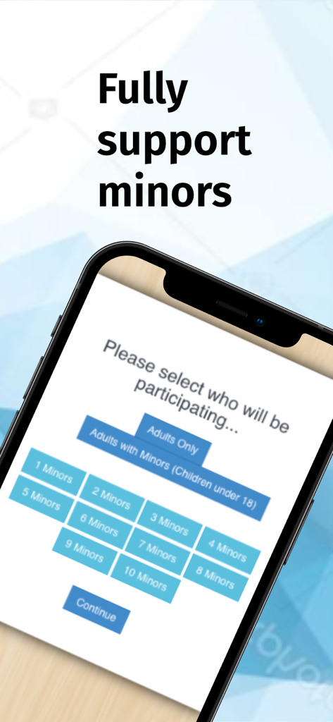 WaiverElectronic-Online Waiver - Interfaccia dell'app mobile per selezionare partecipanti adulti e minori su una liberatoria di responsabilità digitale