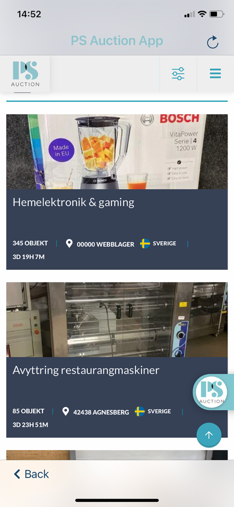 PS Auction App - PS Auction mobile app interface displaying active auction listings for restaurant machinery and home electronics.