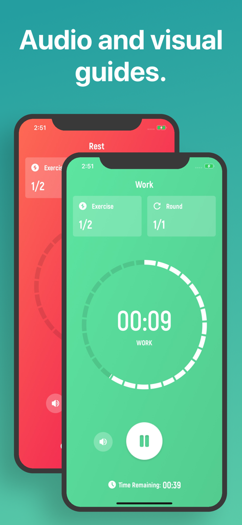 The Tabata Timer app interface showing workout and rest screens