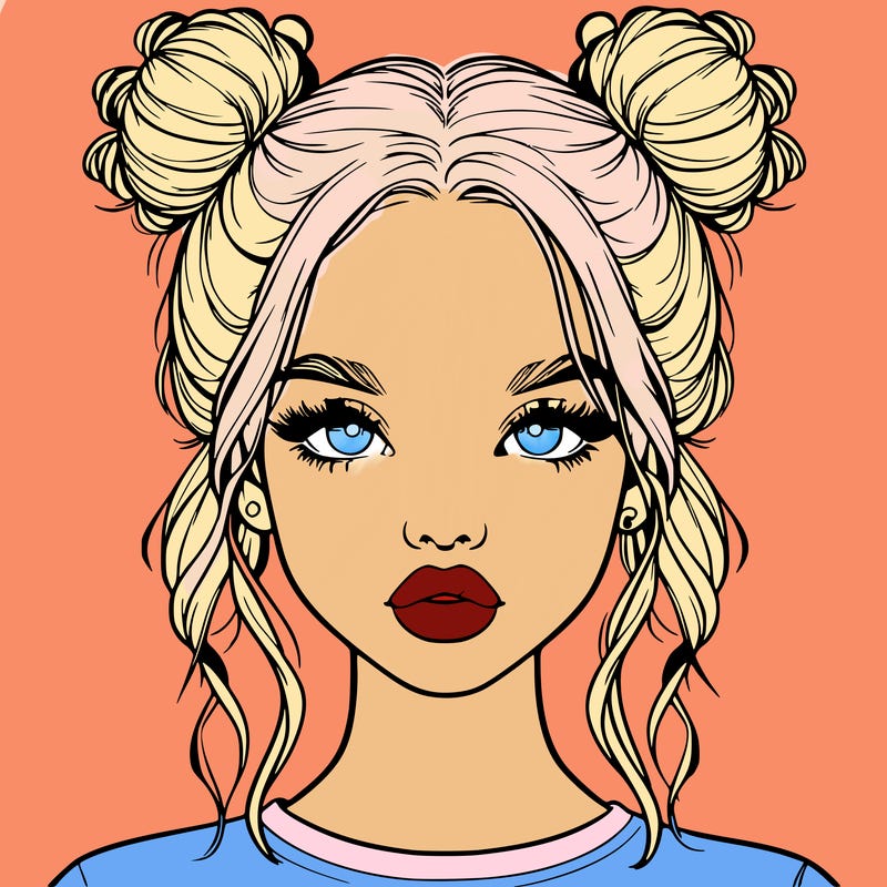 realistic girl with two buns in hair and lips