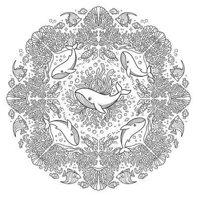Explore the wonders of the deep blue with this captivating ocean and sea life mandala coloring page designed especially for kids. This intricate symmetrical design features playful whales, fish, and vibrant coral, offering hours of creative fun.