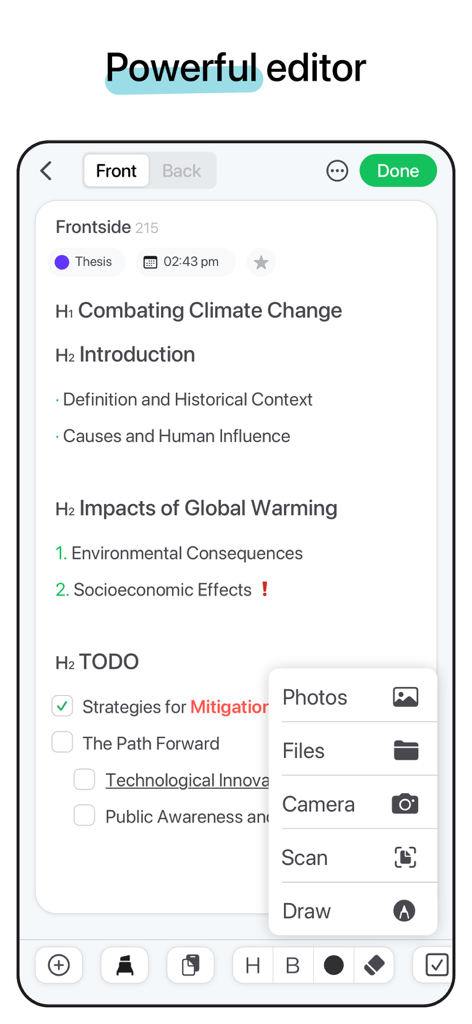 Capture d'écran de l'éditeur puissant de WinkNotes montrant une note d'étude structurée avec des en-têtes, des listes de contrôle et un menu pour ajouter des photos, des fichiers et des dessins.