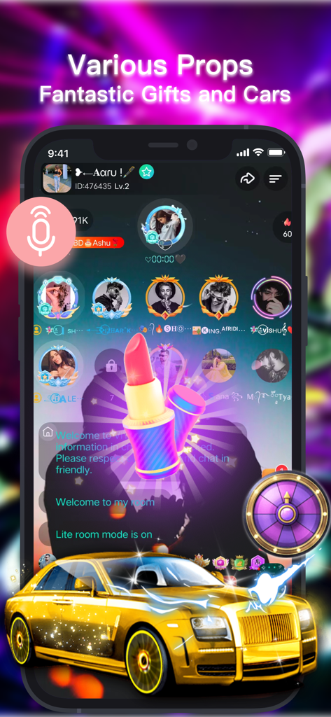 Interface du salon vocal de groupe dans l'application ViYa montrant des cadeaux virtuels comme du rouge à lèvres et une voiture de luxe dorée