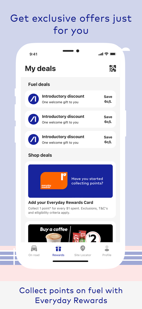 Ampol - Ampol app screen displaying fuel discounts and Everyday Rewards loyalty program offers