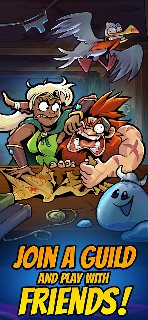 Mobile Dungeon: RPG Crawler - Cartoon heroes planning an adventure around a map with text inviting players to join a guild and play with friends.