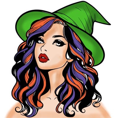 realistic witch girl with wavy hair and lips