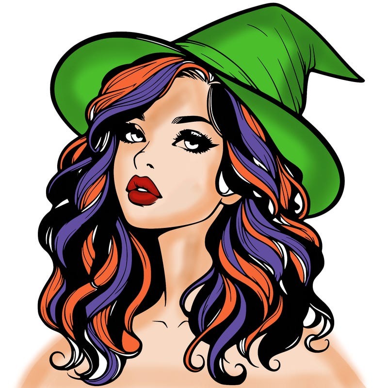 realistic witch girl with wavy hair and lips