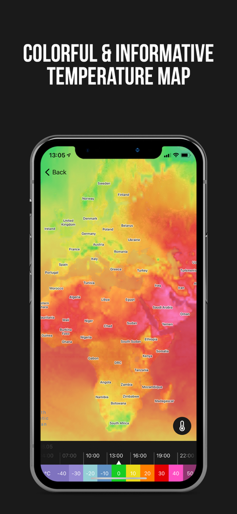 Application MeMeteo montrant une carte thermique globale des températures colorée et informative sur un smartphone