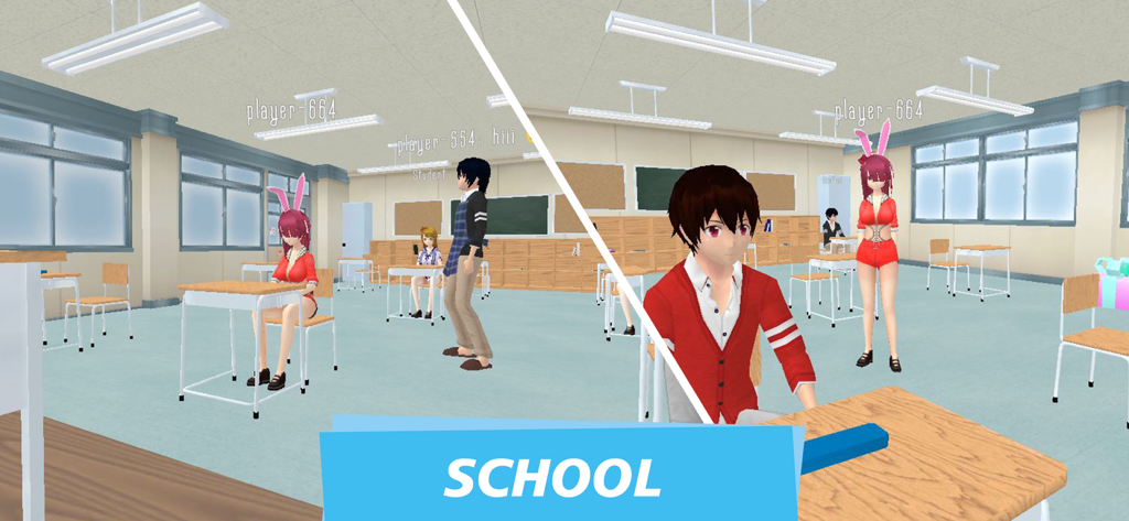 Anime Island Multiplayer: WS - Personajes estilo anime interactuando en un aula dentro del juego Anime Island Multiplayer