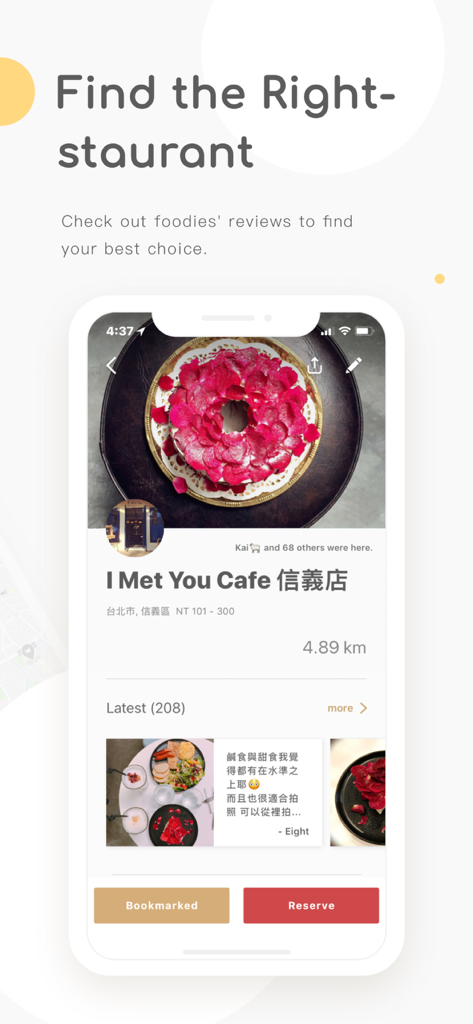 MENU - Eat Like Local Foodies - Pantalla del perfil de un restaurante de la aplicación móvil con fotos de comida y reseñas de foodies