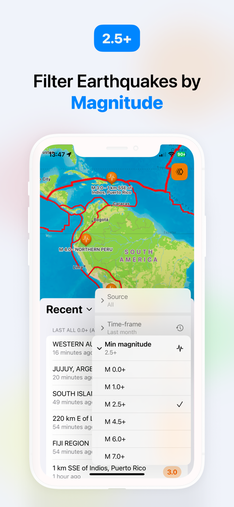 Uno smartphone che mostra l'interfaccia dell'app QuakeMate con un menu di filtro magnitudo aperto su una mappa sismica del Sud America.