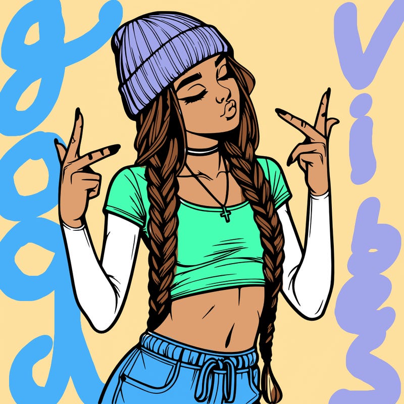 realistic teenage girl with braids and a beanie and crop top doing 🫶🏼