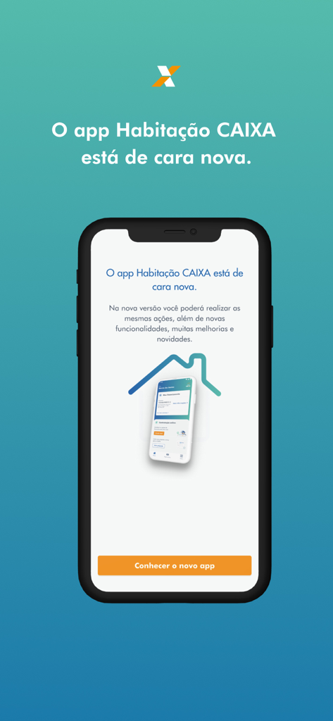 Habitação Caixa app screen announcing a new version of the interface on a smartphone.